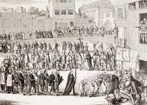 15世紀にスペインで行われた「オート・ダ・フェ（信仰の誓い）」の行列（1880年頃にロンドンで出版されたPaul Lacroix著「Military and Religious Life in Middle Ages」に掲載された版画に基づく 作： Unknown