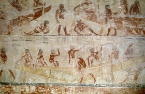 古代エジプト: サッカラ (またはサッカラまたはサッカラ): 旧帝国のネクロポリス、貴族の墓。 船の建造を表すレリーフのディテール。