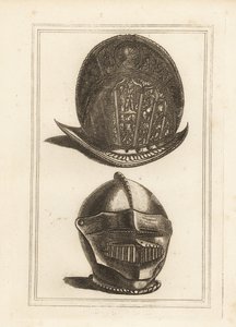 戦利品の装飾が施された古代ヴェネチアのモリオンヘルメットと、ロンドン塔にあったバイザーと飲料が一体化したブルゴネットヘルメット