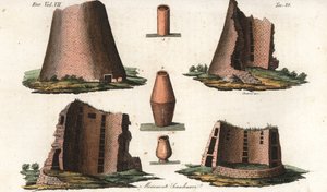 スカンジナビアに近いドイツの地方から出土した古代ヴァイキングのモニュメントと、デンマークとスウェーデンの墓から採取された骨壷の数々。ジュリオ・フェラーリオの『世界の民族の古今の衣装』より、ジアーレとスタンギによる手彩色銅版画。 作： Unbekannter Künstler