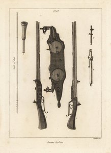 2つの火打ち石1,2、火打ち石3、ラムロッド4、スパナ5,6で発射される、同じ銃身に2つの装薬を持つ古代のカービン 作： Unbekannt