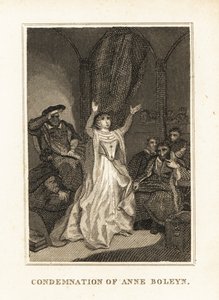 アン・ブーリンは、1536 年にヘンリー 8 世によって姦淫の罪で起訴されました。1836 年 (彫刻) 作： Unbekannter Künstler