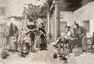 スペイン人画家フリオ・ワームスの絵を模した「アルカルデの前」（バルセロナ出版「El Mundo Ilustrado」より）。 作： Unbekannt