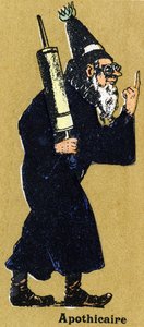 クライステールのある薬屋さん。イラスト入りのアルファベット。20世紀初頭、ジャーヴィル＝ナンシーで再会したイメジェリー。寸法：40 x 29 cm。ビストルの背景にリトグラフ 作： Unbekannt