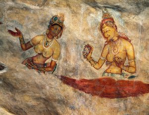 アプサラス、花を捧げる天国のニンフ、フレスコ画、シギリヤの城塞 (ユネスコ世界遺産リスト) 作： Alec Hunter