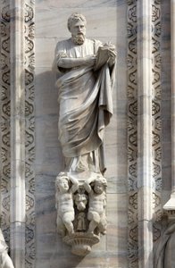 建築：ドナート・カラベリによる聖マルコ像（1811年）。イタリア・ミラノの大聖堂（ドームまたはデュオモ）のファサードの詳細 作： Unbekannt
