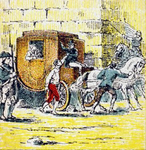 1791年6月21日、ヴァレンヌでルイ16世と逃亡中の家族が逮捕される。Histoire de France」に掲載されたエングレーヴィング。1920年頃、Eysines-a-Bordeaux通り24番地のLouit社のために発行された一連の広告画像。画像全体のサイズ：7.8x5.5cm。