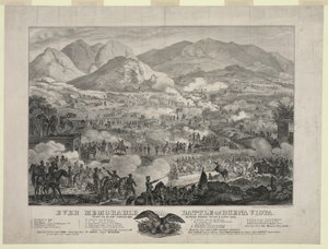 ブエナビスタの戦い（Battle of Buena Vista）別名：アンゴスチュラの戦い（Battle of Angostura）ザカリー・テイラー将軍の部隊がアントニオ・ロペス・デ・サンタ・アンナ将軍の退却を余儀なくされる（2月23日）。 作： Unbekannt