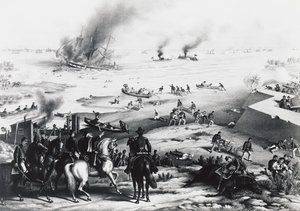 ハンプトン・ローズの戦い」または「アイアンクラッドの戦い」のUSSモニターとCSSバージニア（右）、3月9日 作： William M. Timlin