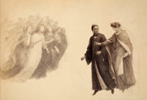 楽園の天空で、ダンテに魂の集団を示すベアトリーチェ。ダンテ・アリギエーリの『神曲』パラディソのカントIIIの挿絵。フランチェッソ・スカラムッツァがフィレンツェ市に捧げた作品。 作： Unbekannter Künstler