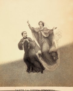 ベアトリーチェが人差し指で上を指しながら、ダンテをパラディソの大空へと導く。二人の体は一筋の光に照らされている。ダンテ・アリギエーリ神曲』パラディソのカントIの挿絵。フランチェッソ・スカラムッツァの作品。 作： Unbekannter Künstler