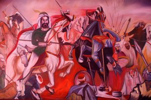 コソボのジャコベにあるベクタシ（Bektachi）テケ（Bektashi）。ケルバラの戦いを描いた絵。(写真) 作： Unbekannt