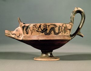 ボイオティアの黒像のキヤトス（ボイオティアの踊り子たちのグループから）、紀元前575～550年頃（土器
