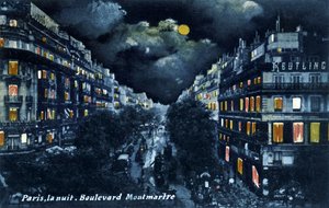 夜のモンマルトル大通り、パリ、1900年頃。 作： Unbekannter Künstler