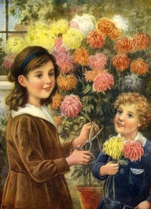家の外の庭で花を切る少年と少女 作： Unbekannter Künstler
