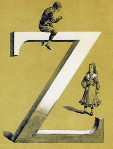 アルファベットのZの上に座る男の子と、その下に立つ小さな女の子。イラスト入りのアルファベット。20世紀初頭、ジャーヴィル＝ナンシーで再会したイメージたち。寸法：40 x 29 cm。ビストル地にリトグラフ 作： Unbekannt