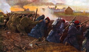 ドイツ軍の最初の突進を阻止するためにフランス軍と戦うイギリス軍（1914年秋 作： Unbekannter Künstler