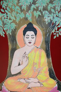 祝福を与える仏陀。タンカ、カトマンズ、ネパール