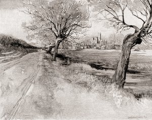 カンタベリー大聖堂、南西からの日没、1887年発行の『センチュリー・マガジン』より（エングレービング 作： Unbekannt