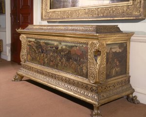カッソーネ、「ポンペイとカエサルの歴史」からファルサリアの戦いを描いた彩色パネル付き、フィレンツェ派 作： Unbekannt