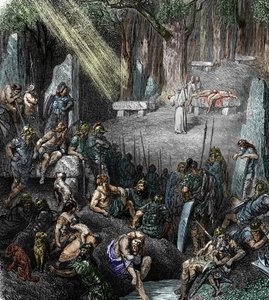 ケルトの古代: 「森の中の家族や戦士の存在下でドルイド僧が議長を務める儀式中の人身御供」 (ガリアの宗教、森の中の家族や戦士の前でドルイド僧が議長を務める儀式中の人身御供) 彫刻 f