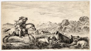異なる動物を狩る：2匹の犬に止められた沼地の雌鹿 作： 無名の画家