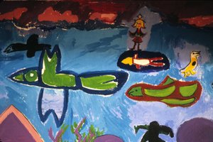 鳥、魚、動物、キャラクターを描いた子供の絵、十字架のルースの学校、サン・ブリュー（サン・ブリュー）。 作： Unbekannt