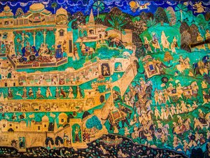 Virtuoso Fine PaintingsのあるChittra Sala Courtyard、Taragarh Fort、Bandi、Bandi、Rajasthan、インド、アジア（写真）