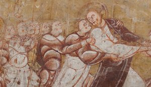 教会（Église Saint-Martin）。内部の様子。壁画（フレスコ画）。聖歌隊の北壁。詳細。キリストの逮捕。12世紀の作品。 作： Unbekannt