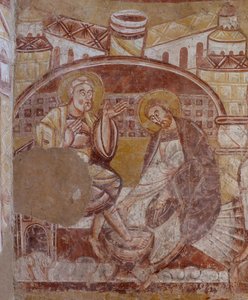 教会（Église Saint-Martin）。内部の様子。壁画（フレスコ画）。聖歌隊の北壁。詳細。足の洗浄。12世紀。 作： Unbekannt
