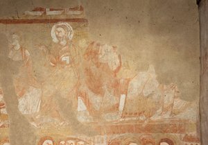 教会（Église Saint-Martin）。内部の様子。壁画（フレスコ画）。身廊の西壁。詳細。使徒たち。12世紀。 作： Unbekannt
