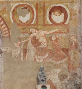 教会（Église Saint-Martin）。内部の様子。壁画（フレスコ画）。身廊の西壁。詳細。十字架の下降。12世紀の作品。