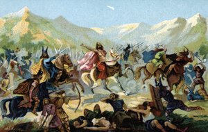 フランク王国の王クロヴィス1世（466-511）は、496年のトルビアックの戦いでゲルマン民族のアラマン族と戦い、勝利した場合には改宗することを誓った。19世紀末（クロモリトグラフ）