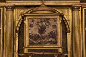 大学付属の教会。内部の様子。主祭壇。詳細。中央。絵画。瑪瑙に油彩。1624. 作： Unbekannt
