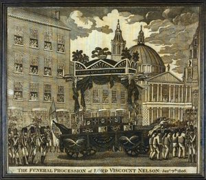 ホレイショ・ネルソン子爵（1758-1805）の葬列、1月9日」と記された記念ハンカチ。 作： Unbekannter Künstler