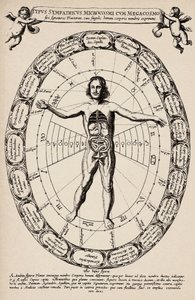小宇宙と大宇宙の対応。アタナーゼ・キルヒャー（1601-1680）の「Mundus subterraneus」より抜粋。 作： Unbekannter Künstler