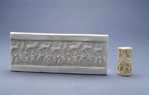 石膏印象によるシリンダー印章、メソポタミア、シュメール（初期王朝時代III）、紀元前2500年頃（石材