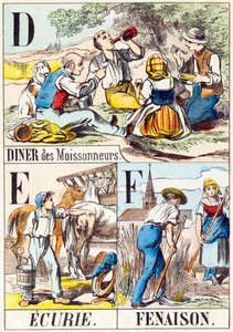 D E F : Diner des moissonneurs, Ecurie, Fenaison - "Alphabet of the farm" 19世紀末 (carving)