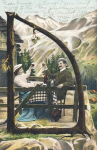 D：山小屋の前のテーブルに座ってワインで乾杯する男女 - アルファベット文字 Ref Th. E., L. Theochrom - Serie 994.テオドール・アイスマン（ライプツィヒの出版社 作： Unbekannt