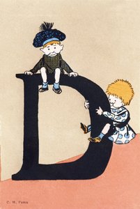 D is for two, go down - 子供たちのアルファベット。C.M. editeur, Paris.手描きのポストカード、1904年のフランが付いています。サイズ : 14 x 9 cm
