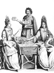 Dames prenant des rafraichissements au 17e siecle (apres 1670) - 17世紀に軽食をとる女性たち - モード・ファッション coiffe headgear hairstyle eventail fan cafe bar フランス 作： Unbekannter Künstler