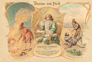 執筆机に向かうダニエル・デフォーと有名な作品（プリント） 作： Unbekannter Künstler