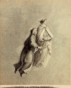 楽園の大空を飛ぶダンテとベアトリーチェ。ダンテ・アリギエーリの『神曲』パラディソのカントIの挿絵。フランチェッソ・スカラムッツァがフィレンツェ市に捧げた作品。 作： Unbekannter Künstler
