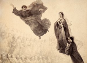 聖ペトロに会うダンテとベアトリーチェ。ダンテ・アリギエーリによる『神曲』パラディソのカントXXIVの挿絵。フィレンツェ市に捧げられたフランチェスコ・スカラムッツァの作品。 作： Unbekannter Künstler