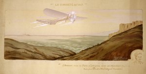 航空の始まり：1910年8月17日、ジョン・モワザンが2人乗りのブレリオ機で、メカニックとともに英仏海峡を初めて旅客飛行した。 作： Unbekannt