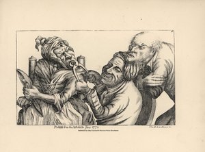ペンチで老女の口から悪い歯を抜いて笑う歯科医。ティモシー・ボビン（ジョン・コリアー）（1708-1786）の風刺イラストをもとにした銅版画。 作： Unbekannter Künstler
