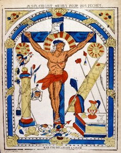 十字架につけられたキリストを描いたオランダの19世紀のイラストレーション。1850年頃の木版画 作： Unbekannter Künstler