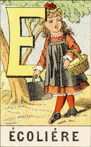 E : Ecoliere - 「ABCD des petites filles」から抜粋した版画。Pellerin & Cie, printer-editor, Epinal, 1890年頃。シリーズA。寸法 : 19 x 13,5 cm