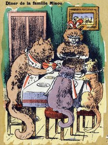 家族の食卓ニャー。イラスト入りのアルファベット。20世紀初頭、ジャーヴィル＝ナンシーで再会したイマジナリーたち。寸法：40 x 29 cm。ビストル地にリトグラフ 作： Unbekannt