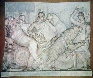 獣と剣闘士の戦い、ローマ、トルローニア荘、浮き彫り 作： Unbekannter Künstler